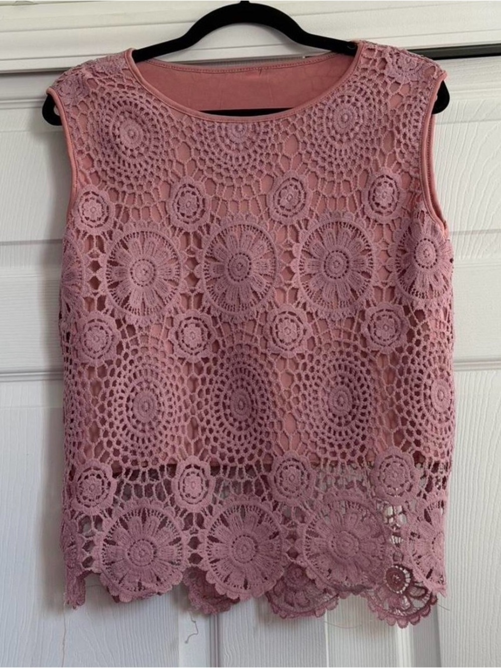 Mauve Blush Pink Crochet Lace Sleeveless Shell Top